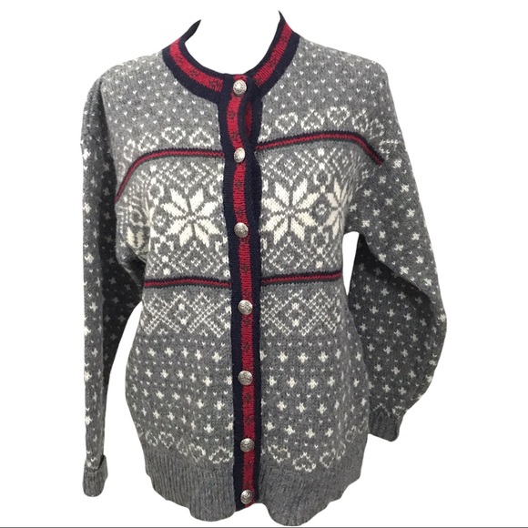 LL Bean Made In USA Vintage Wool Snowflake Button Cardigan Sweater Womens Medium - Picture 3 of 10